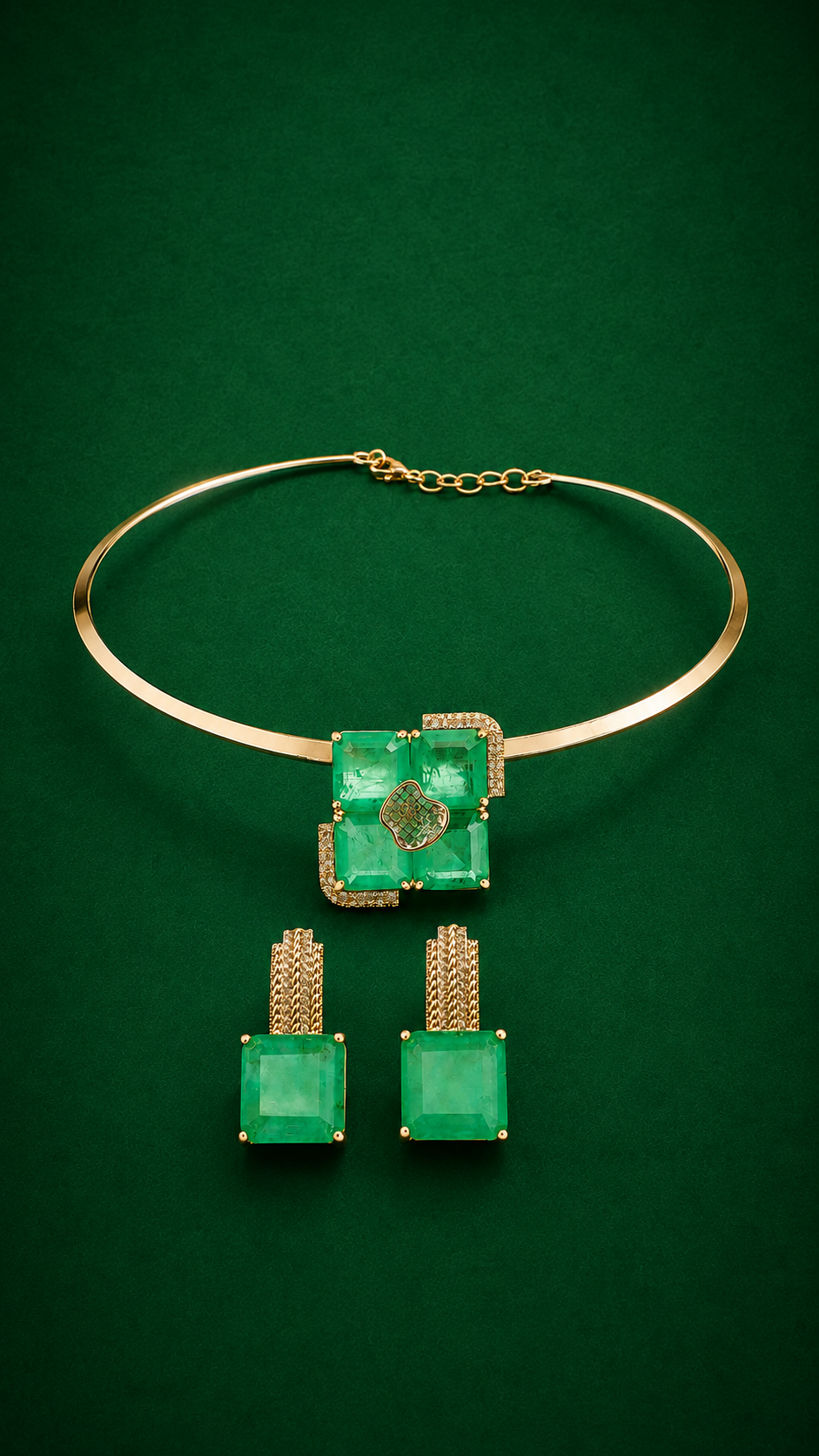 Conjunto Luxo Verde Esmeralda com Zircônias – Colar Choker + Brincos Elegantes